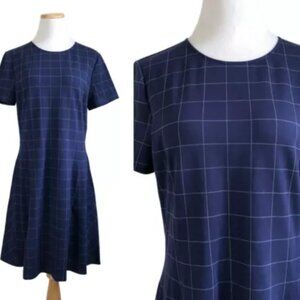 LORD & TAYLOR Dress Blue White Plaid Short Sleeve Stretch Knit Flare NWOT Large